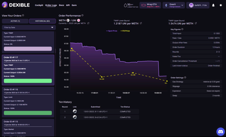Dexible trading dashboard.