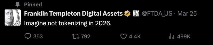 Pinned @FTDA_US tweet: "Imagine not tokenizing in 2026." 499K impressions, 4.4K likes.