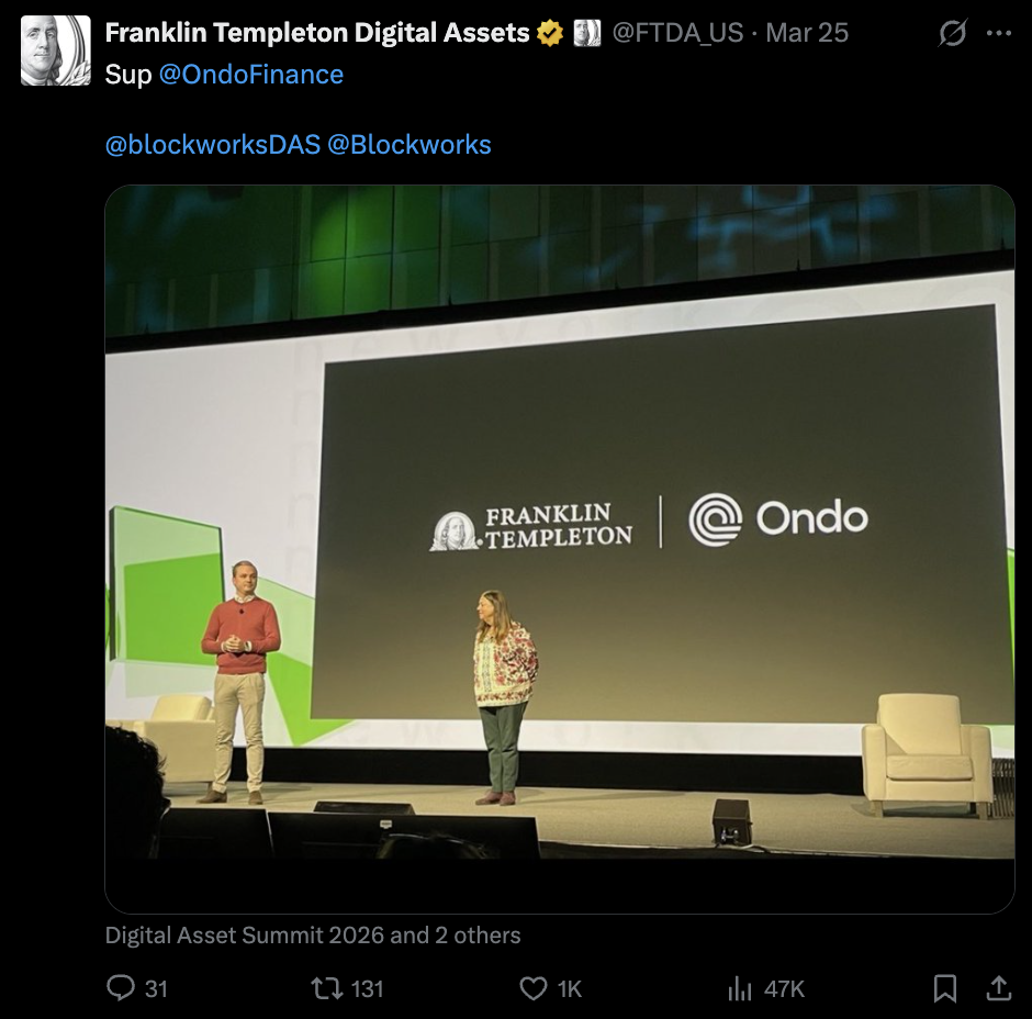 @FTDA_US tweet from the Ondo partnership announcement at Digital Asset Summit.