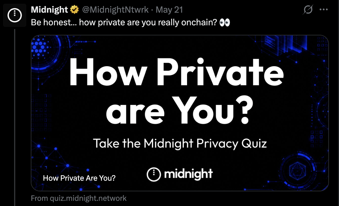 Midnight's launch tweet showing the privacy quiz share-card link preview.