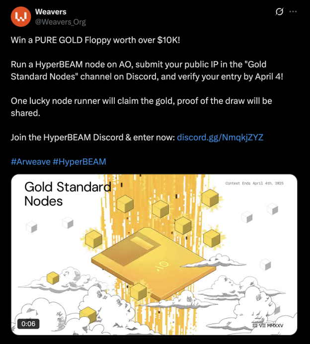 Weavers tweet announcing the $10K pure-gold floppy raffle for node runners.